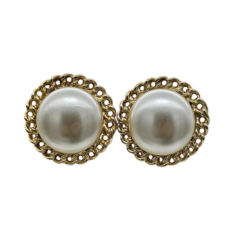 Vintage Coro Button Clip On Earrings Faux Pearl Gold Tone Filigree